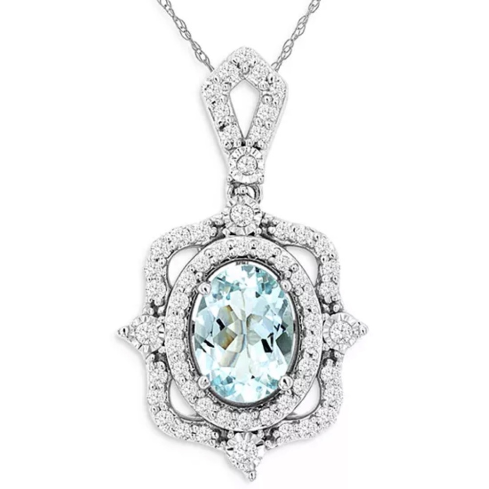 Aquamarine & Diamond Art-Deco Necklace in 14K White Gold